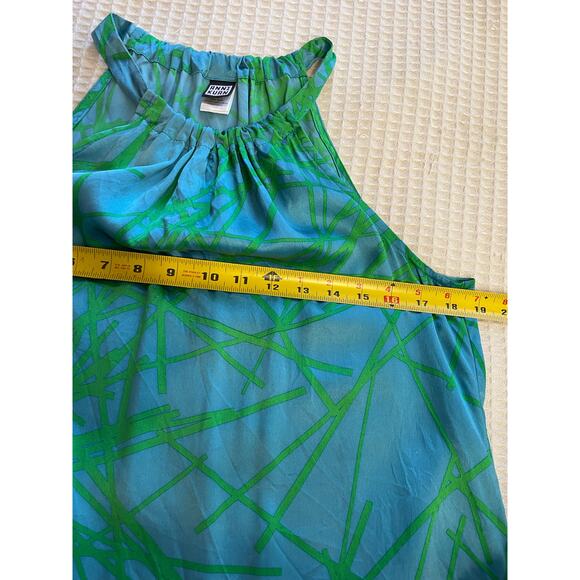 Anni Kuan Blue & Green Tropical Print High Neck Silk Tank/ Blouse Y2K Medium - Picture 8 of 9